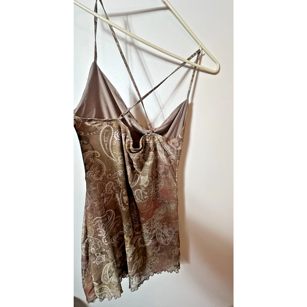 Y2K Brown Paisley Satin Slip Dress Womens Small Cowl Neck Strappy Fairy Grunge - Picture 4 of 11